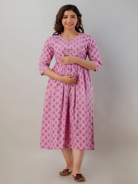 Pink Printed Cotton Maternity and Feeding Kurta