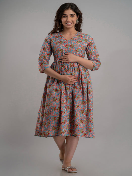 Skyblue Floral Printed Pure Cotton Maternity and Feeding Kurta