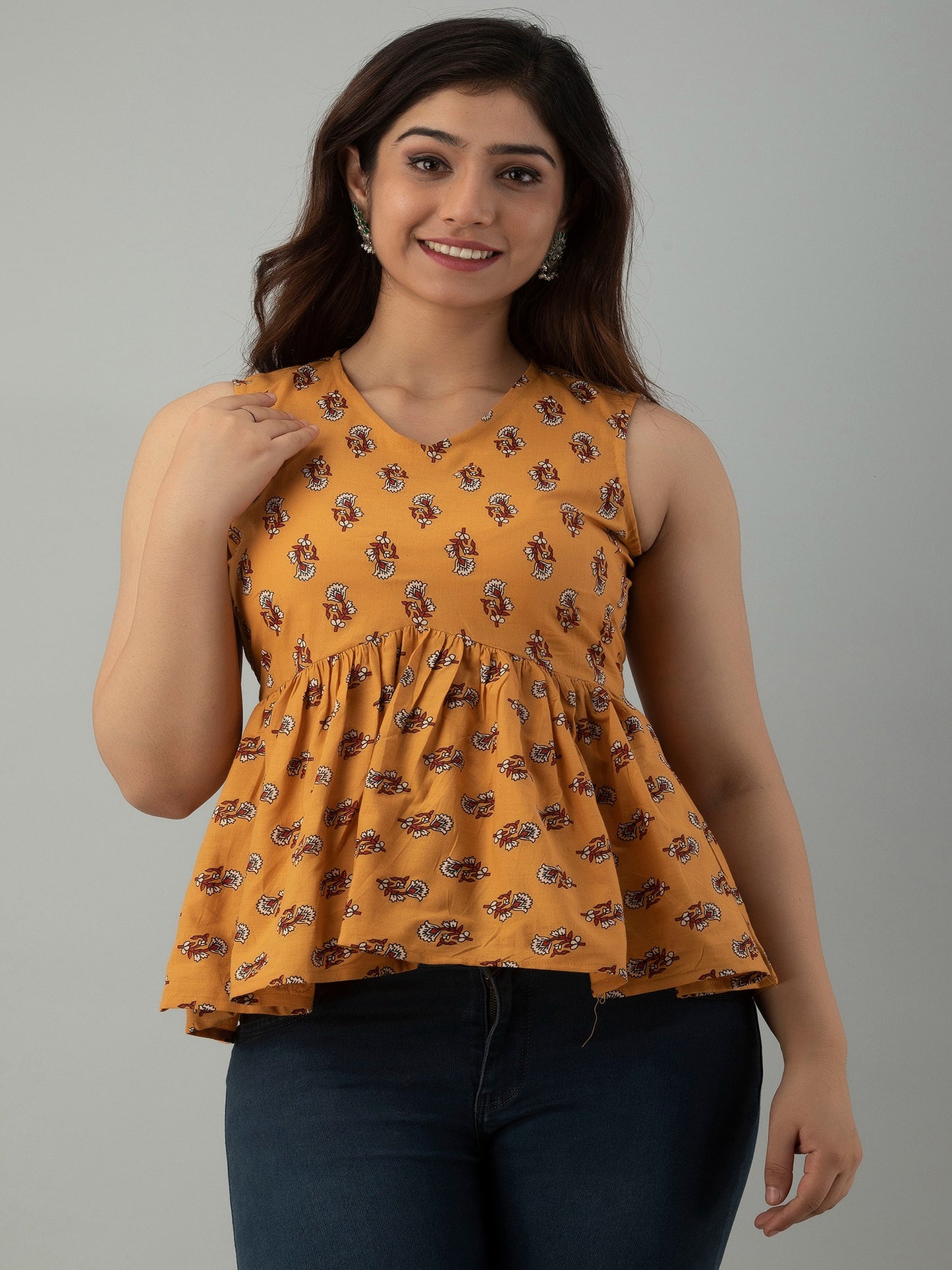 Yellow Floral Printed Rayon Flared Top