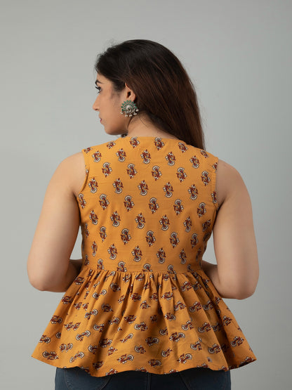 Yellow Floral Printed Rayon Flared Top