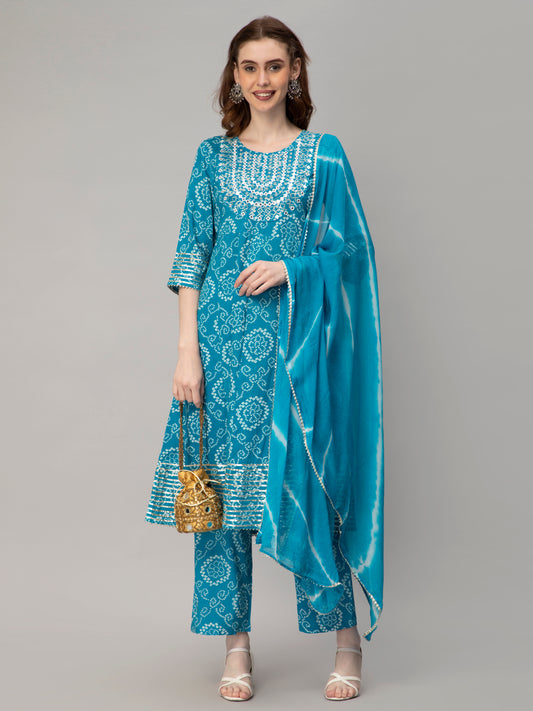 Bandhani Printed Blue Kurta and Pant set with Dupatta with Embroidery work on yoke