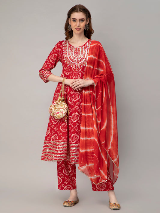 Bandhani Printed Red Kurta and Pant set with Dupatta with Embroidery work on yoke