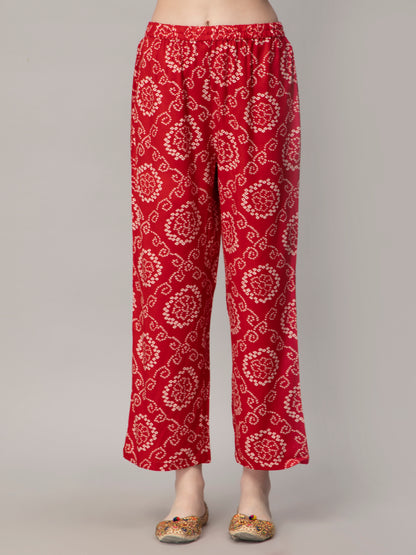 Bandhani Printed Red Kurta and Pant set with Dupatta with Embroidery work on yoke