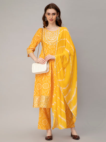 Bandhani Printed Yellow Kurta and Pant set with Dupatta with Embroidery work on yoke