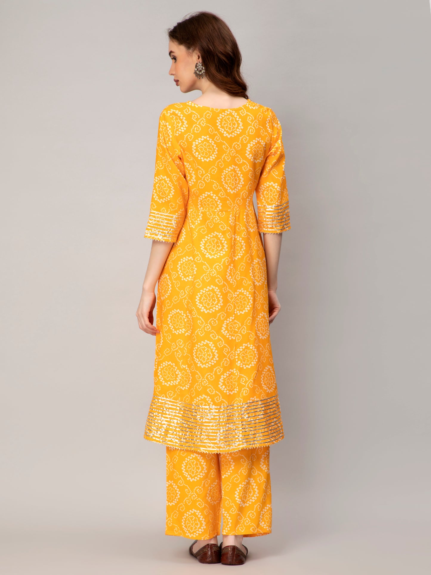 Bandhani Printed Yellow Kurta and Pant set with Dupatta with Embroidery work on yoke