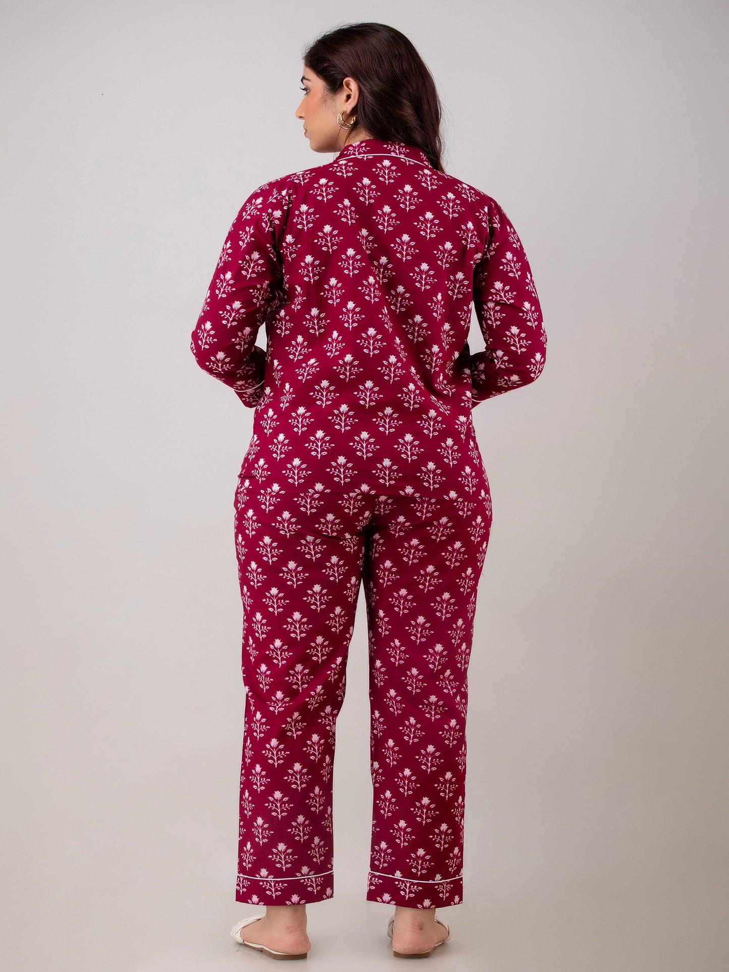 Purple Floral Print Pyjamas & Shirt Night suit with Patch Pocket
