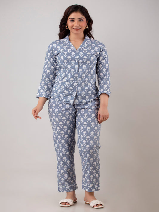 Grey Floral Print Pyjamas & Shirt Night suit with Patch Pocket