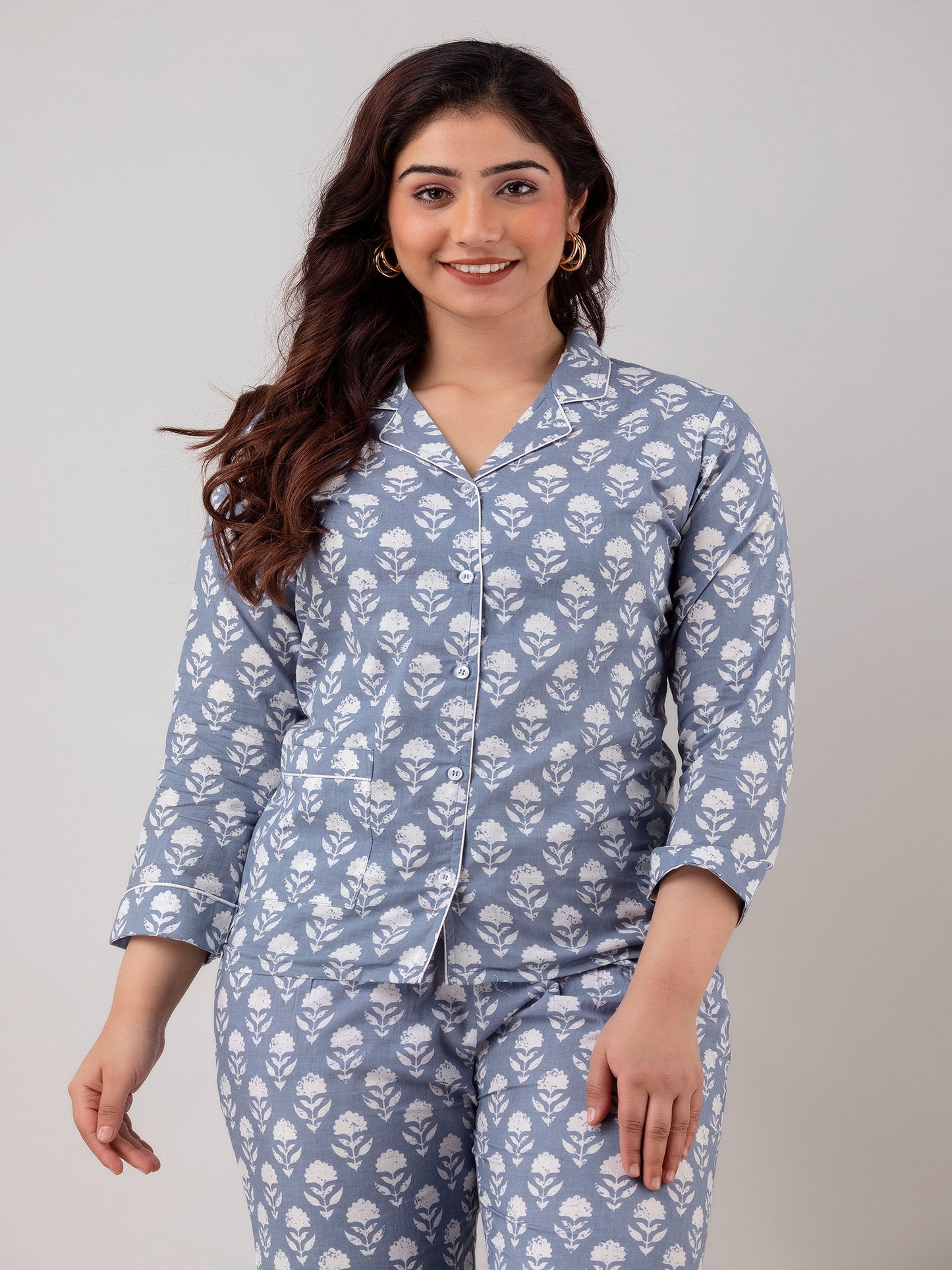Grey Floral Print Pyjamas & Shirt Night suit with Patch Pocket