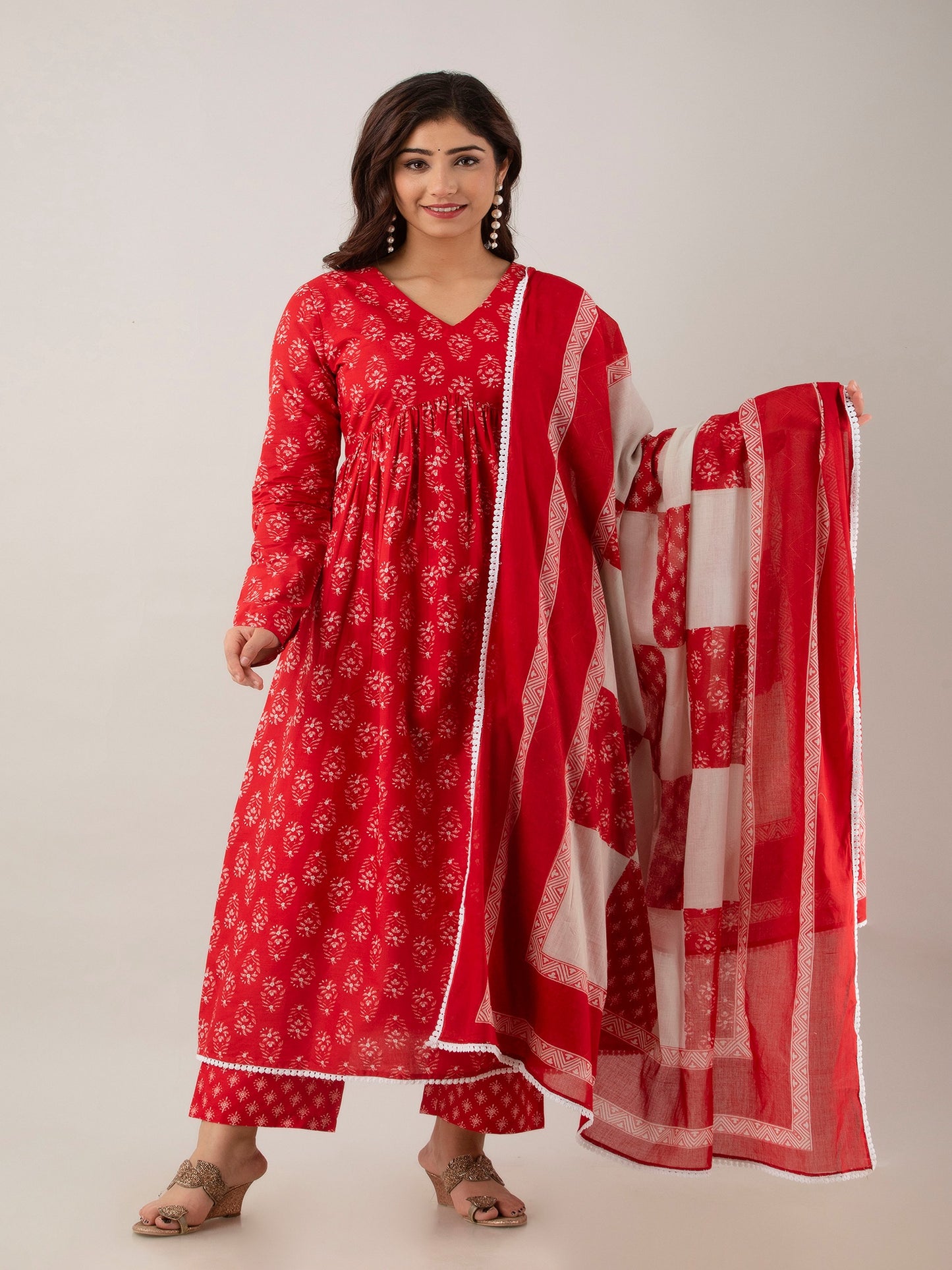 Red Floral Printed Cotton Kurta Pant set with Dupatta