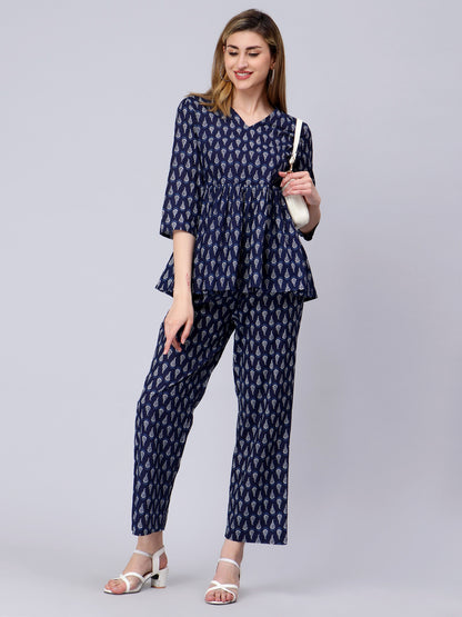 Blue Floral Printed Cotton Peplum Top and Pant Cord Set
