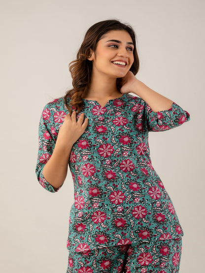 Green Floral Printed Cotton Top and Pant Cord Night suit Set