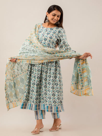 Stunning Blue Naira Cut Kurta Pant and Dupatta set with embroidery work on yoke