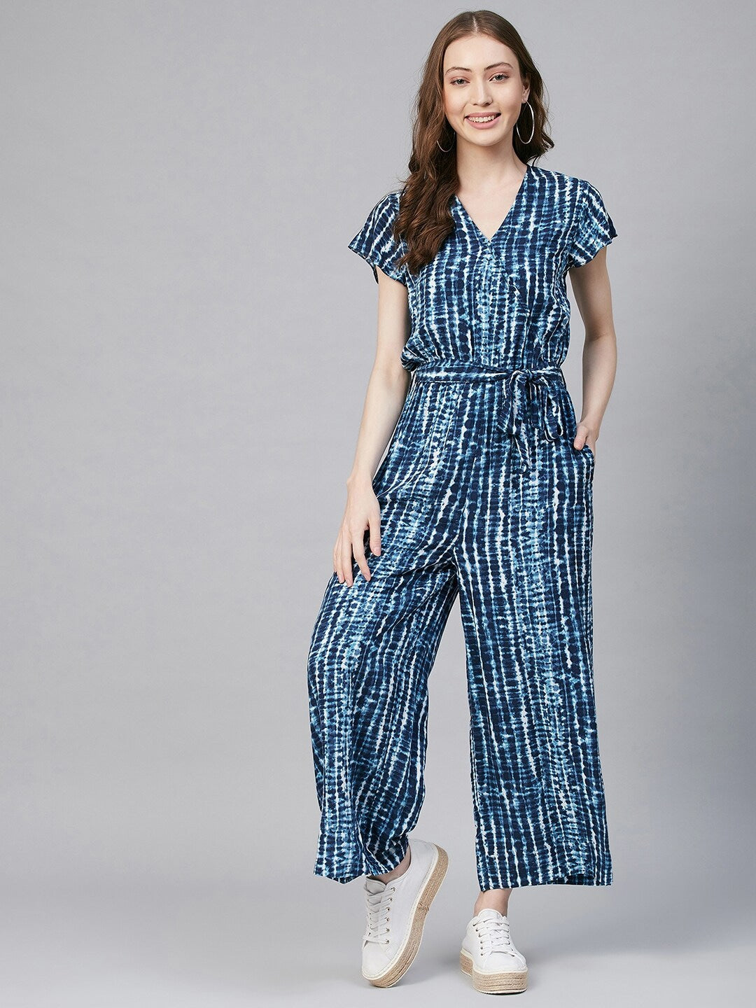 Blue Tie-Dye Jumpsuit with Tie-up knot in front