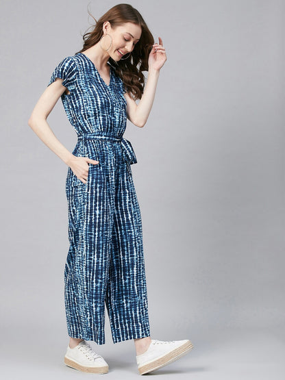 Blue Tie-Dye Jumpsuit with Tie-up knot in front