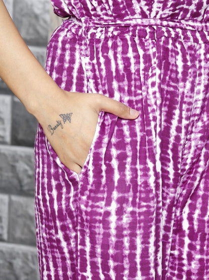 Purple Tie-Dye Jumpsuit with Tie-up knot in front