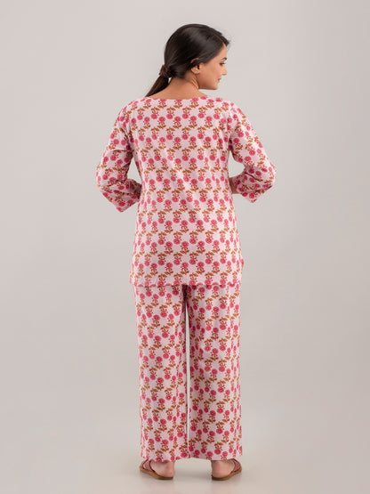 Pink Floral Printed Cotton Top and Pant Co-Ord Nightsuit Set