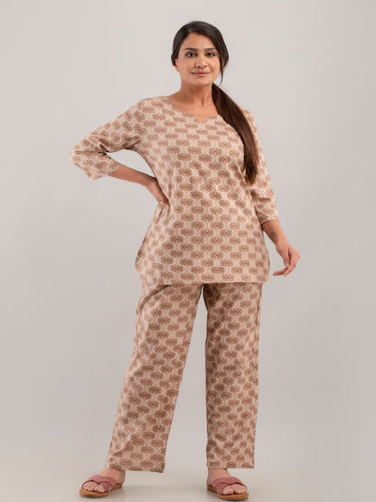 Beige Floral Printed Rayon Top and Pant Cord Night suit Set