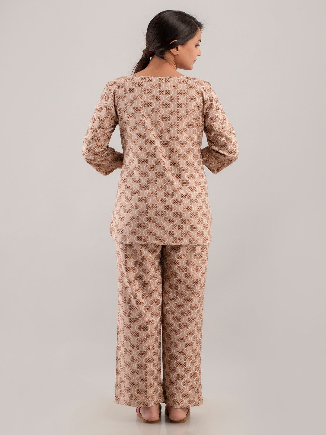 Beige Floral Printed Rayon Top and Pant Cord Night suit Set