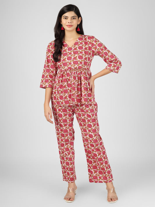 Pink Floral Printed Cotton Top and Pant Cord Set