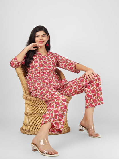 Pink Floral Printed Cotton Top and Pant Cord Set