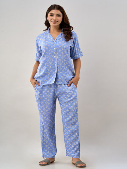 Blue Rayon Shirt and Pant Cord Night suit Set