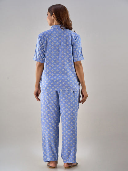 Blue Rayon Shirt and Pant Cord Night suit Set