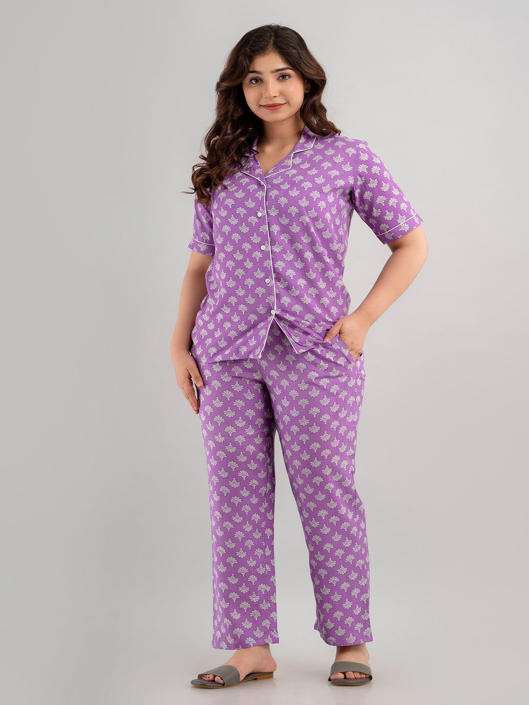 Purple Rayon Shirt and Pant Cord Night suit Set