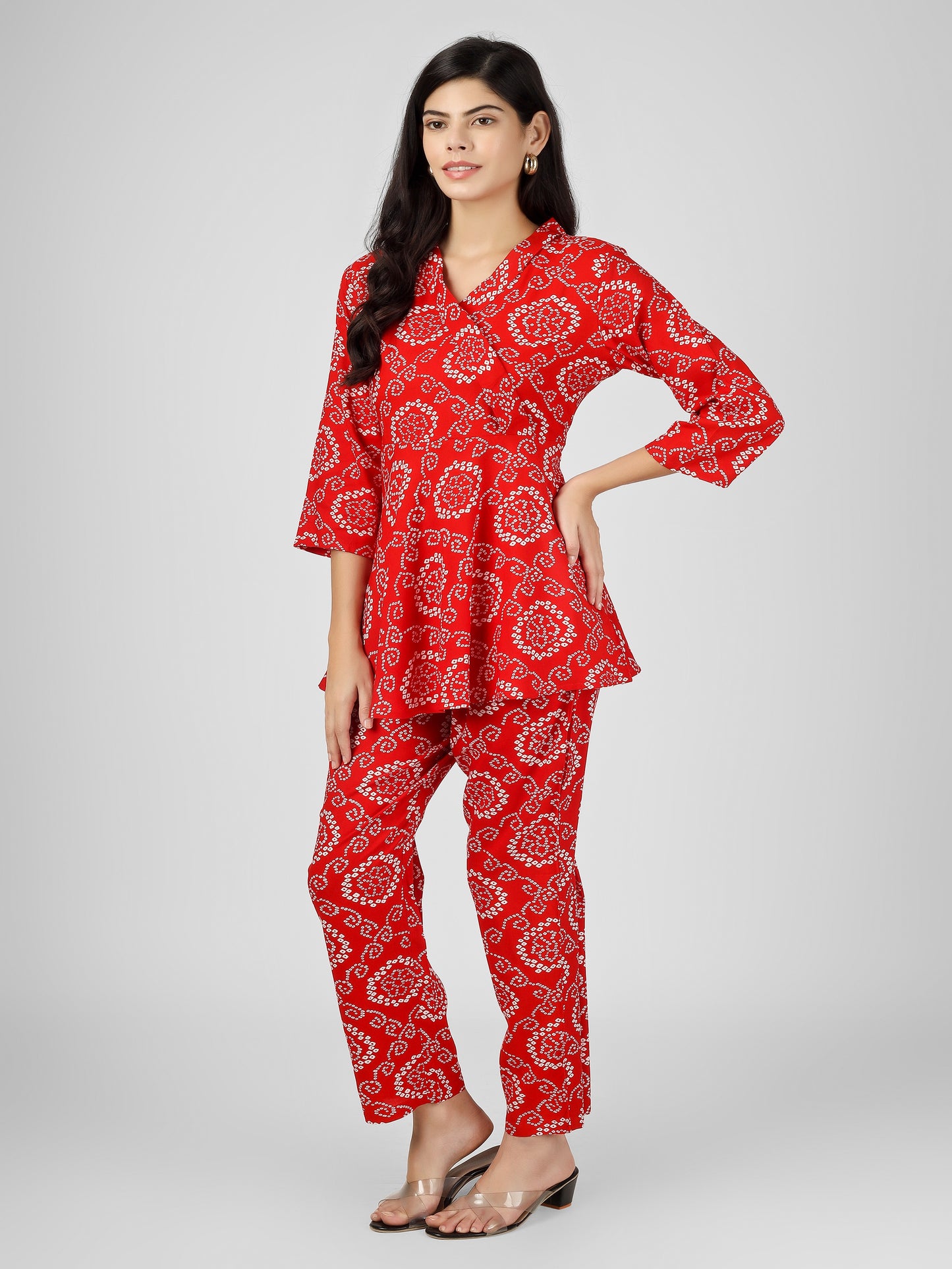 Bandhani Printed Red Angrakha Top and Pant Cord Set