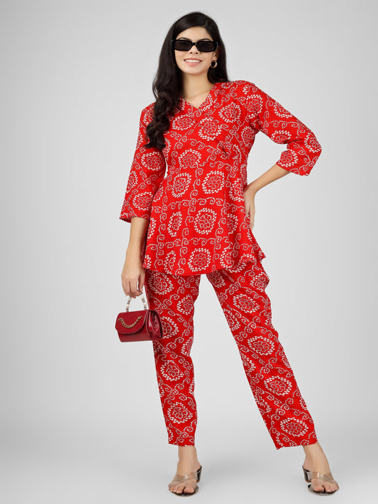 Bandhani Printed Red Angrakha Top and Pant Cord Set