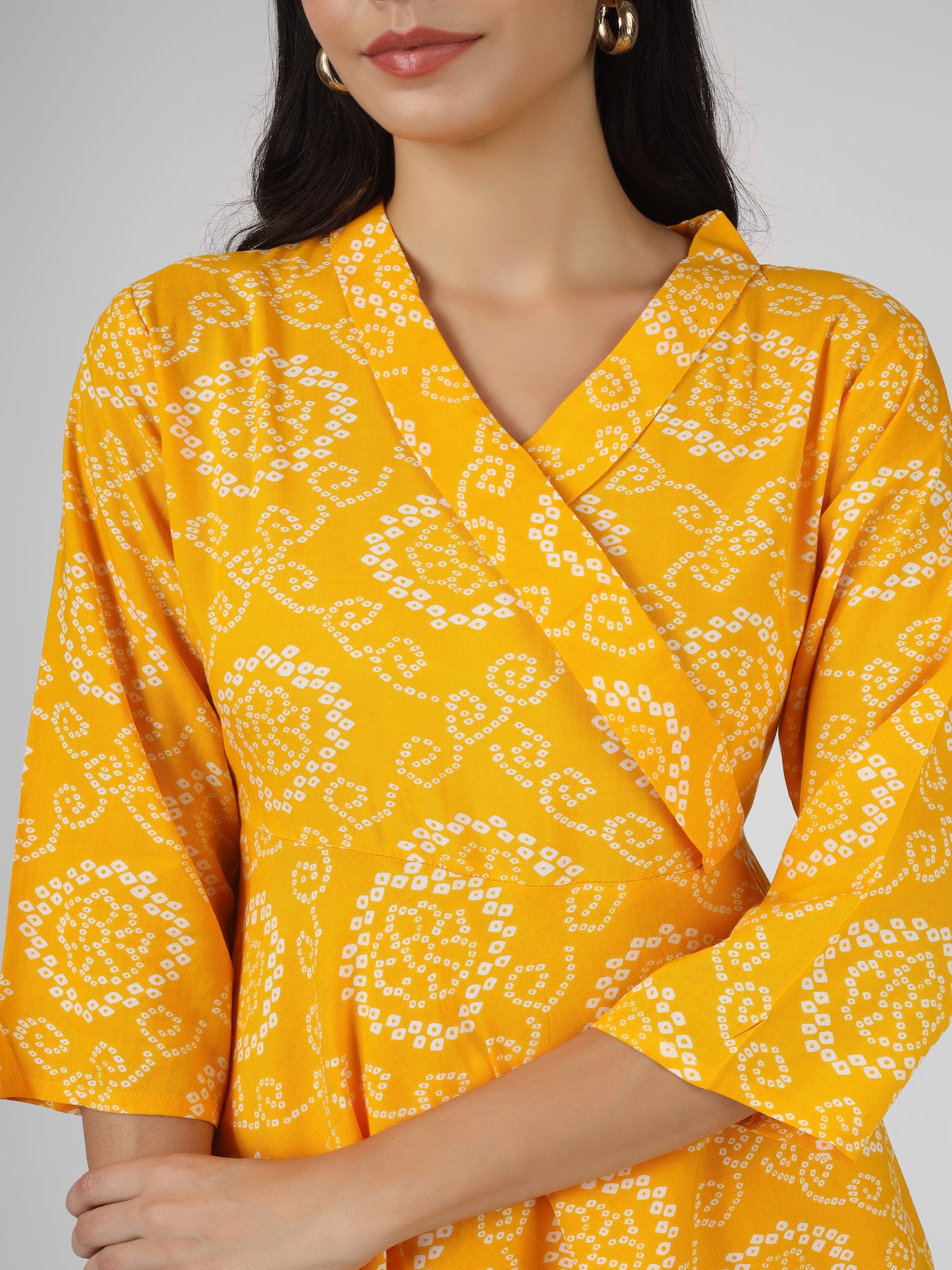 Bandhani Printed Yellow Angrakha Top and Pant Cord Set