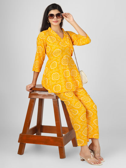 Bandhani Printed Yellow Angrakha Top and Pant Cord Set