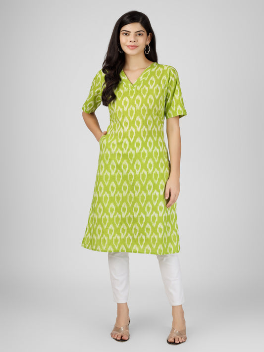 Women's Green Ikat Printed Cotton A-Line Kurti with pocket