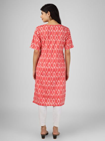 Women's Pink Ikat Printed Cotton Straight Kurta with pocket