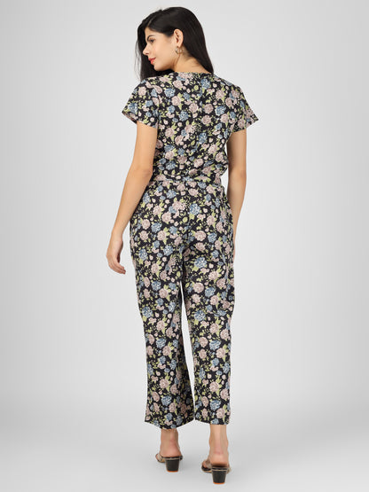 Stylish Black Floral Printed Jumpsuit with Tie-up knot in front
