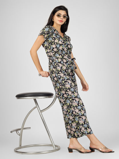 Stylish Black Floral Printed Jumpsuit with Tie-up knot in front