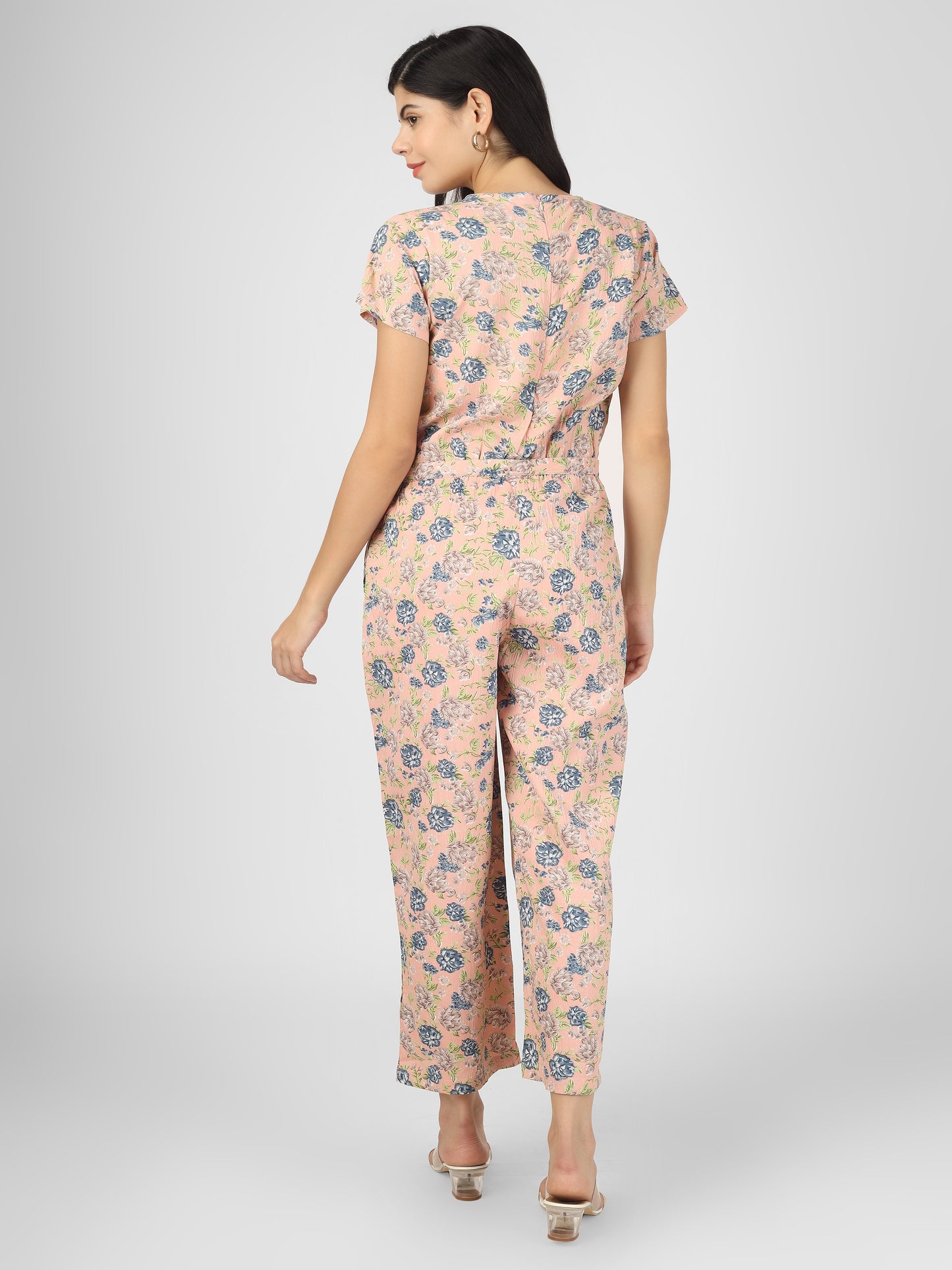 Stylish Peach Floral Printed Jumpsuit with Tie-up knot in front