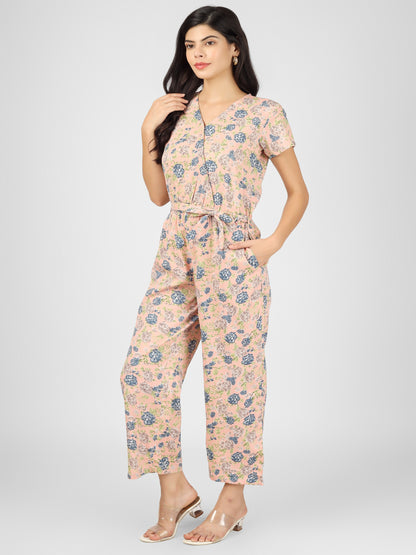 Stylish Peach Floral Printed Jumpsuit with Tie-up knot in front