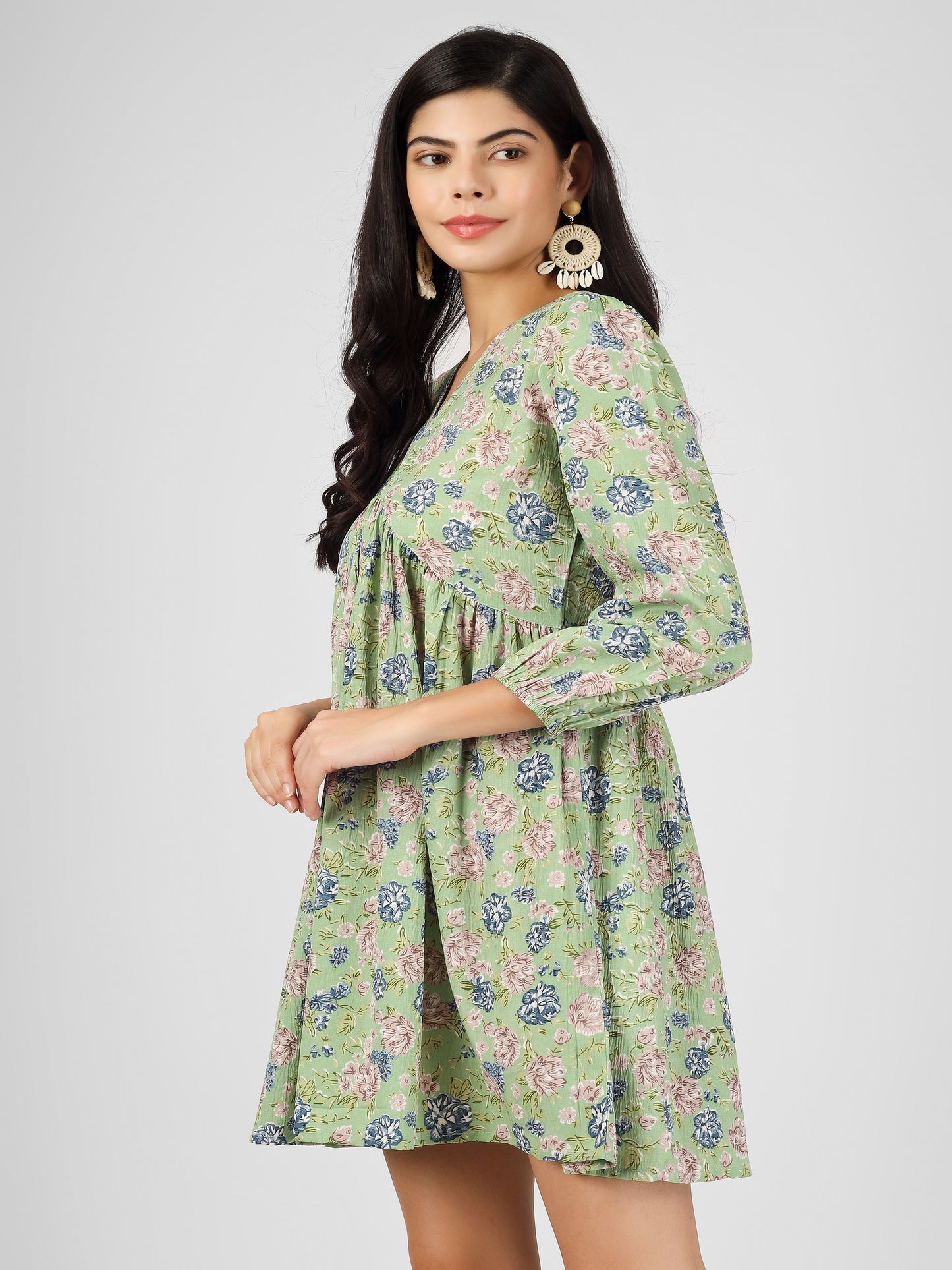 Women's Pretty Green Floral Printed Fit and Flare Dress