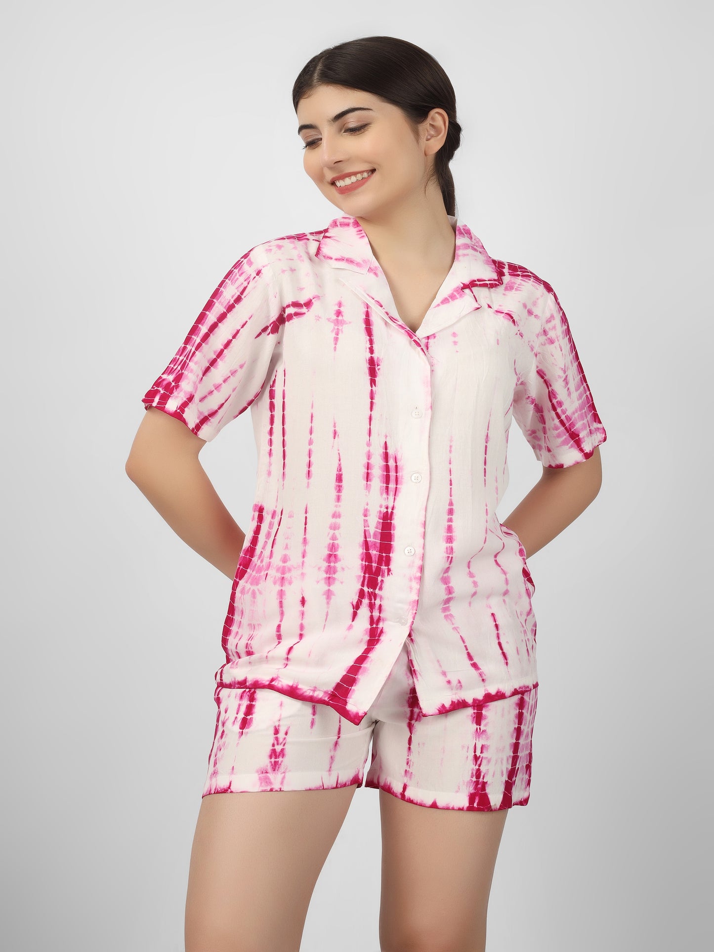 Pink Rayon Tie Dye Top and Shorts Cord Night suit Set