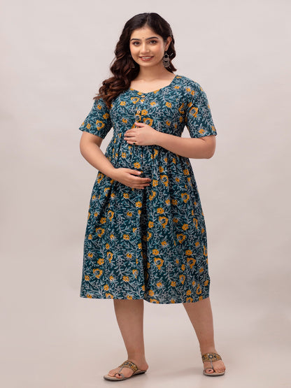 Teal Floral Printed Pure Cotton Maternity and Feeding Kurta