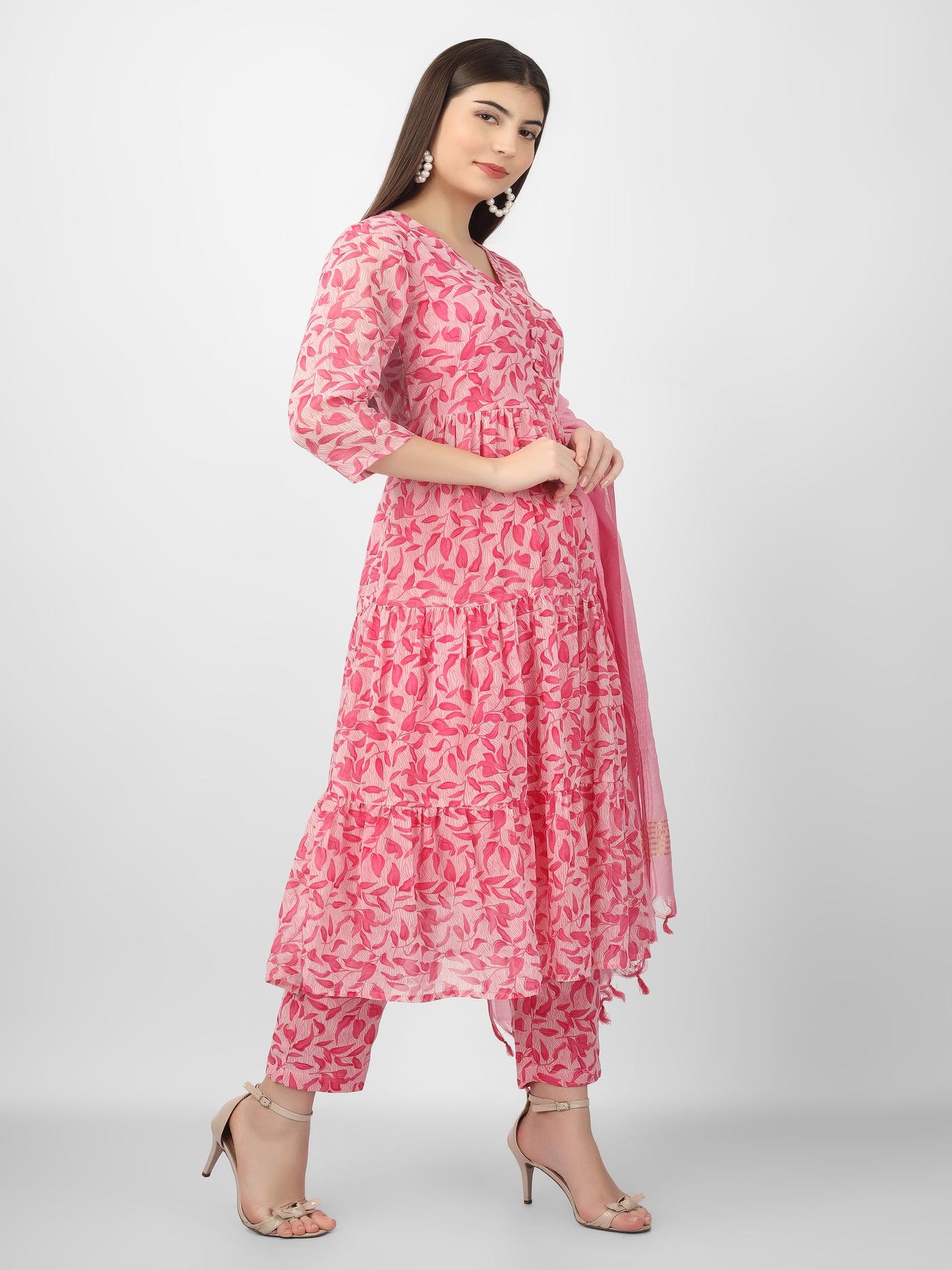 Pink Printed Georgette Tiered Kurta and Pant with Dupatta Set