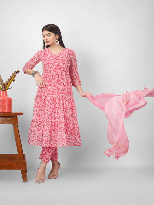 Pink Printed Georgette Tiered Kurta and Pant with Dupatta Set