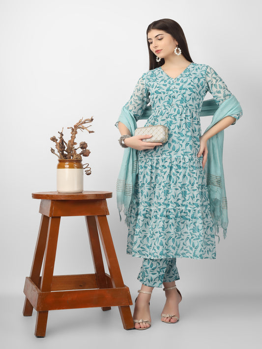 Teal Printed Georgette Tiered Kurta and Pant with Dupatta Set