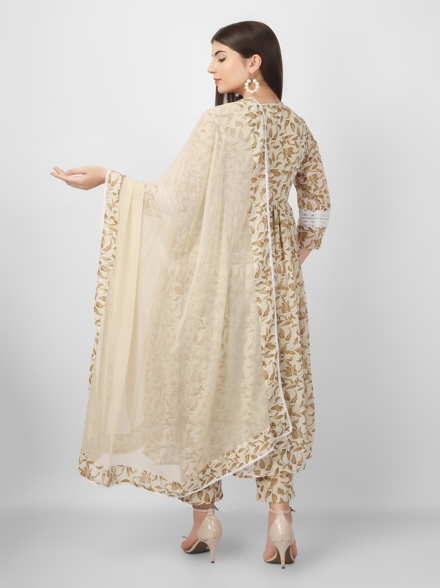 Beige Printed Georgette A-Line Kurta and Pant with Dupatta Set