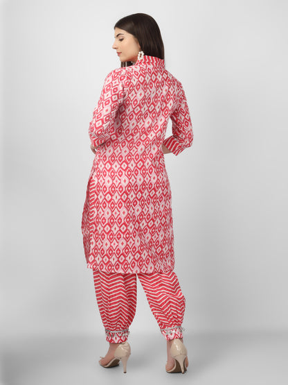 Pink Ikat Printed Cotton Kurta and Afghani Salwar Set