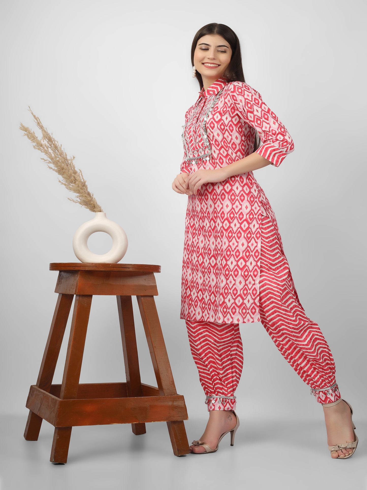 Pink Ikat Printed Cotton Kurta and Afghani Salwar Set