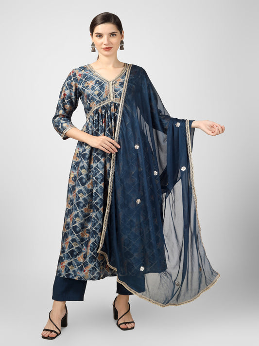 Blue Geometric Printed Chanderi Silk Alia Cut Kurta and Pant Dupatta Set
