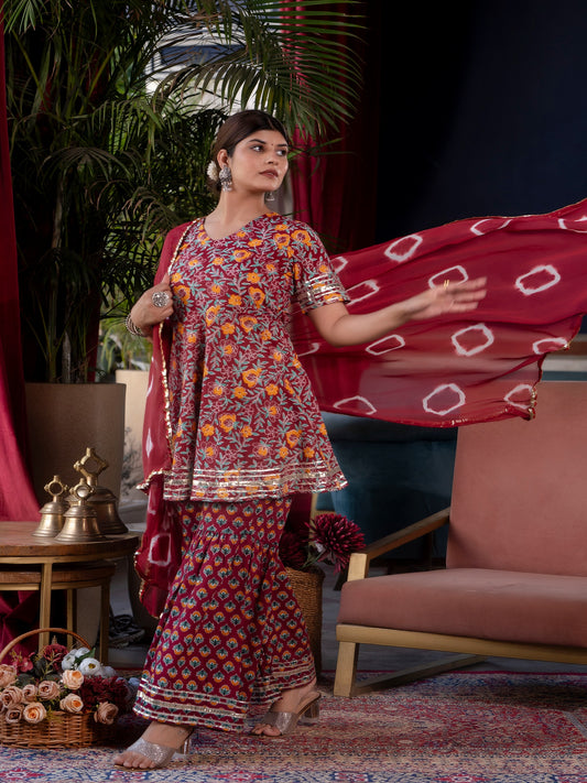 Women's Pure Cotton Floral Printed Flared Kurta Sharara set with Tie-Dye Dupatta