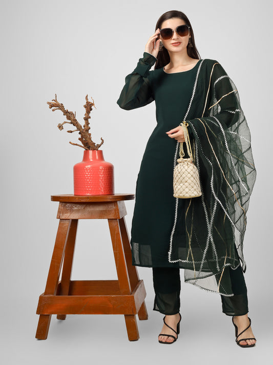 Green Georgette Kurta Pant and Net Dupatta Set with Heavy Lace Detailing
