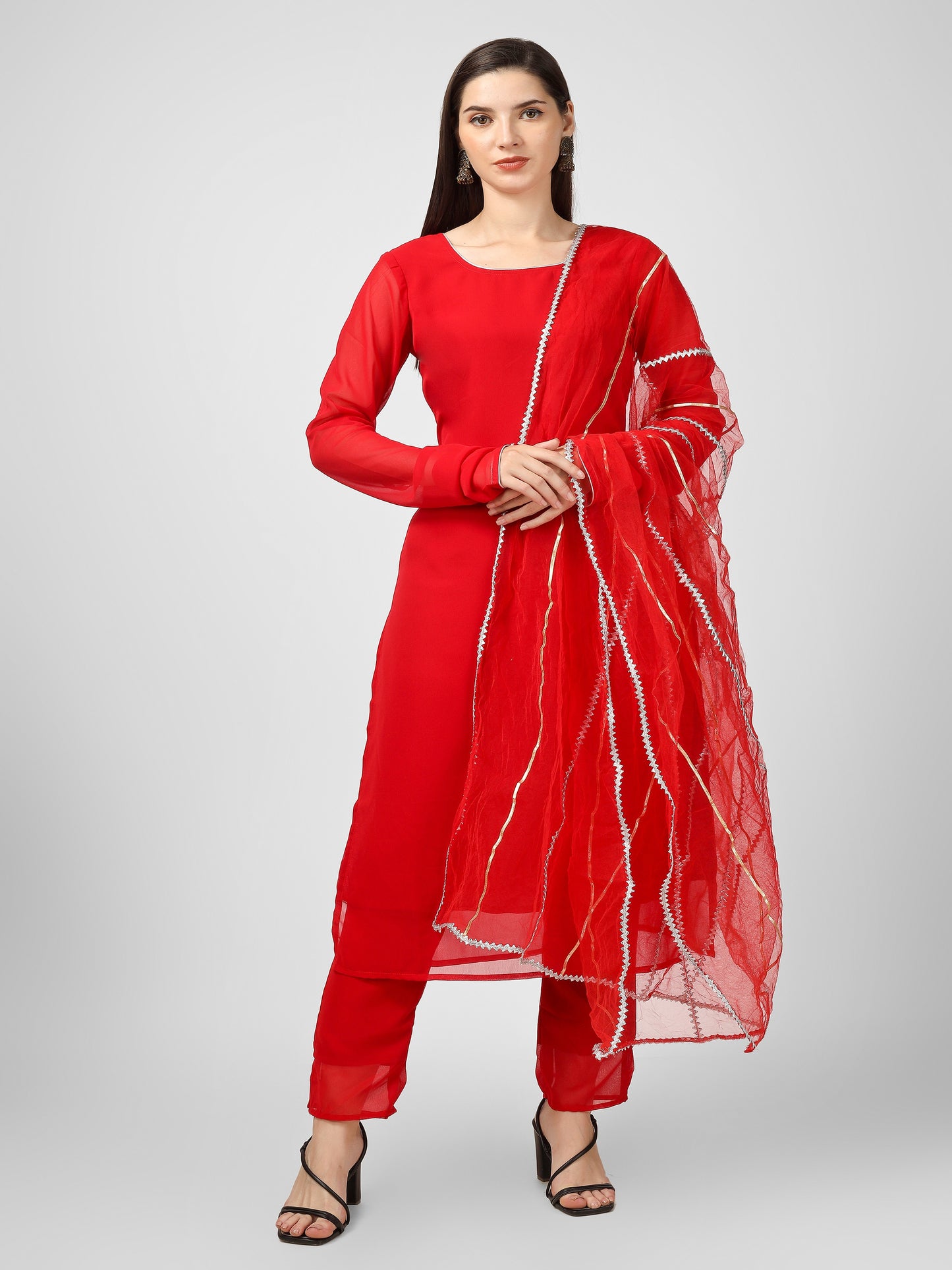 Red Georgette Kurta Pant and Net Dupatta Set with Heavy Lace Detailing